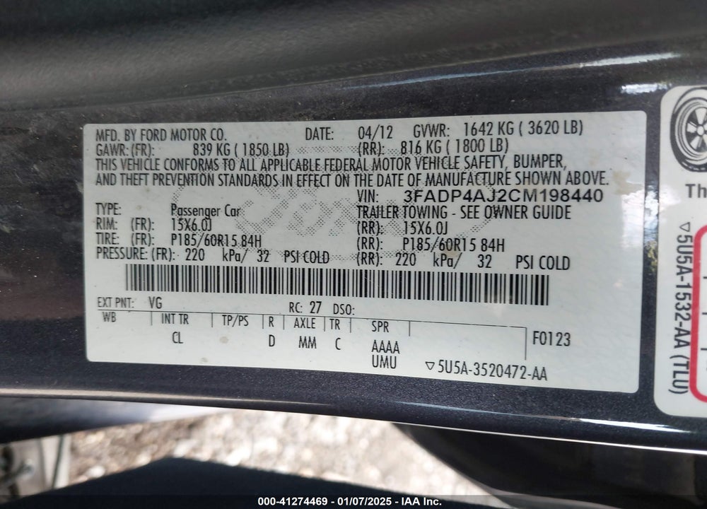 2012 FORD FIESTA S VIN: 3FADP4AJ2CM198440