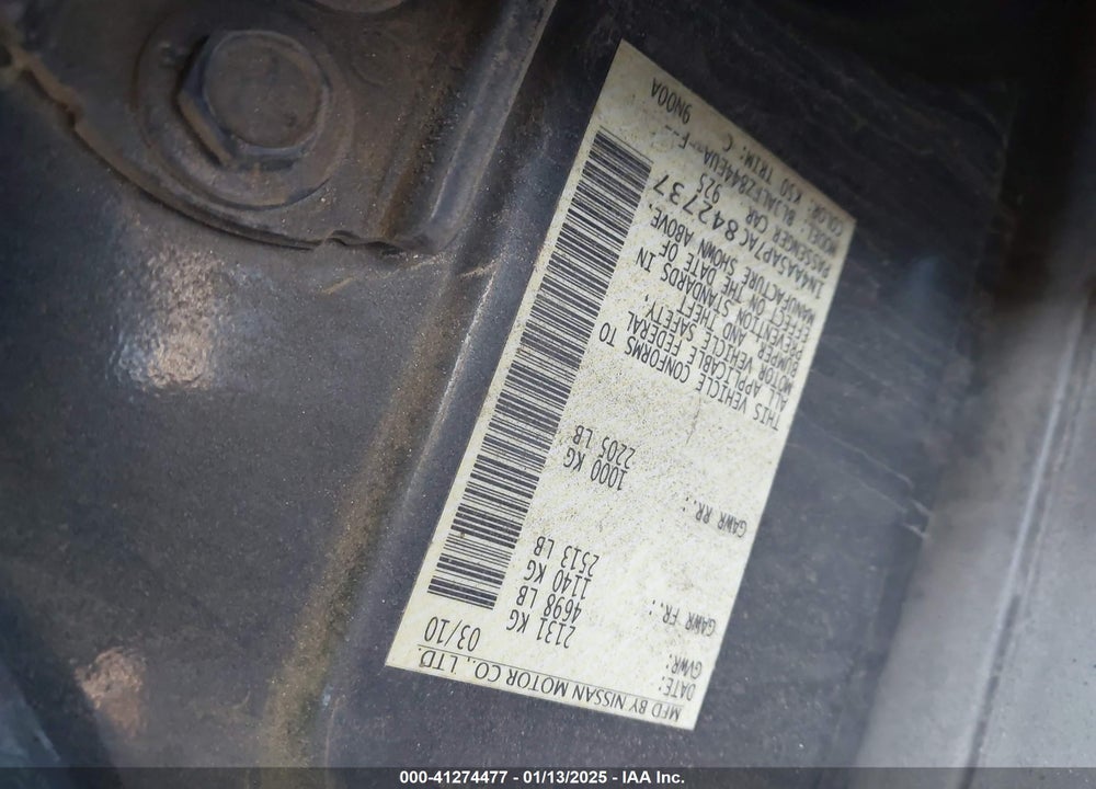 2010 NISSAN MAXIMA VIN: 1N4AA5AP7AC842737