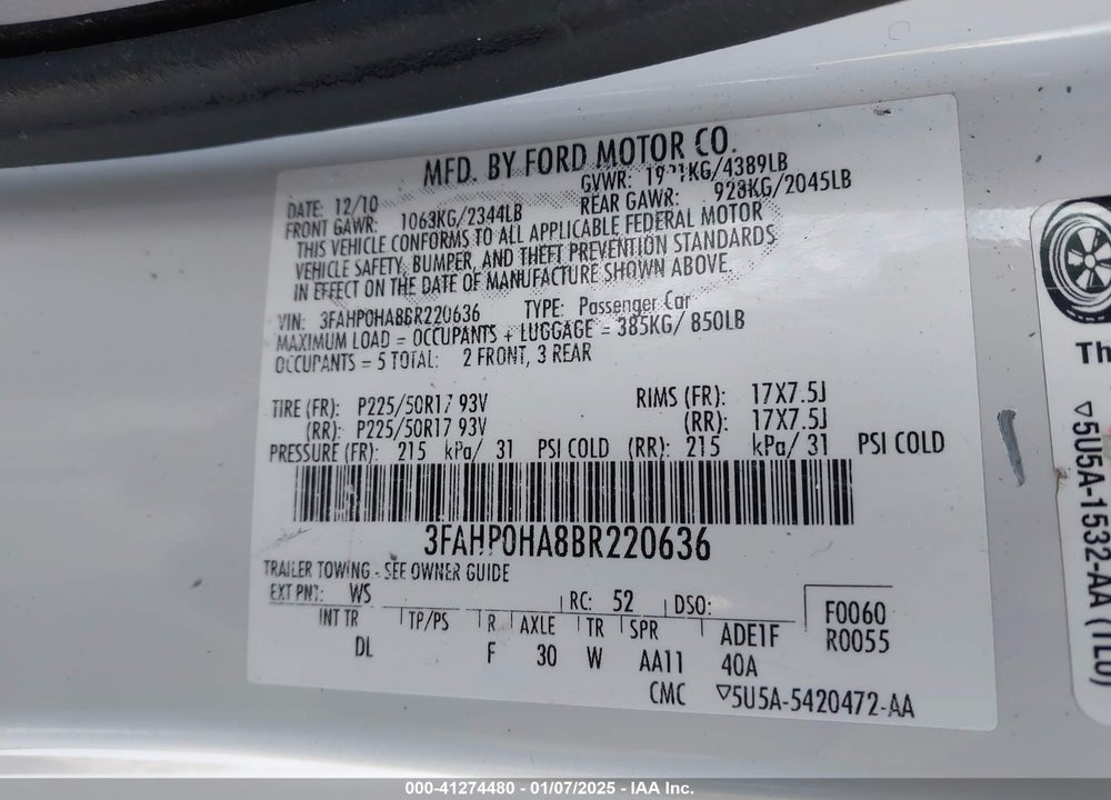 2011 FORD FUSION VIN: 3FAHP0HA8BR220636