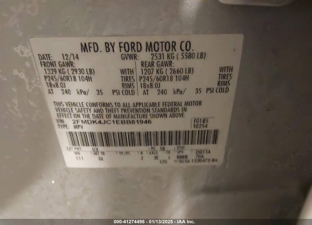 2014 FORD EDGE SEL VIN: 2FMDK4JC1EBB81946