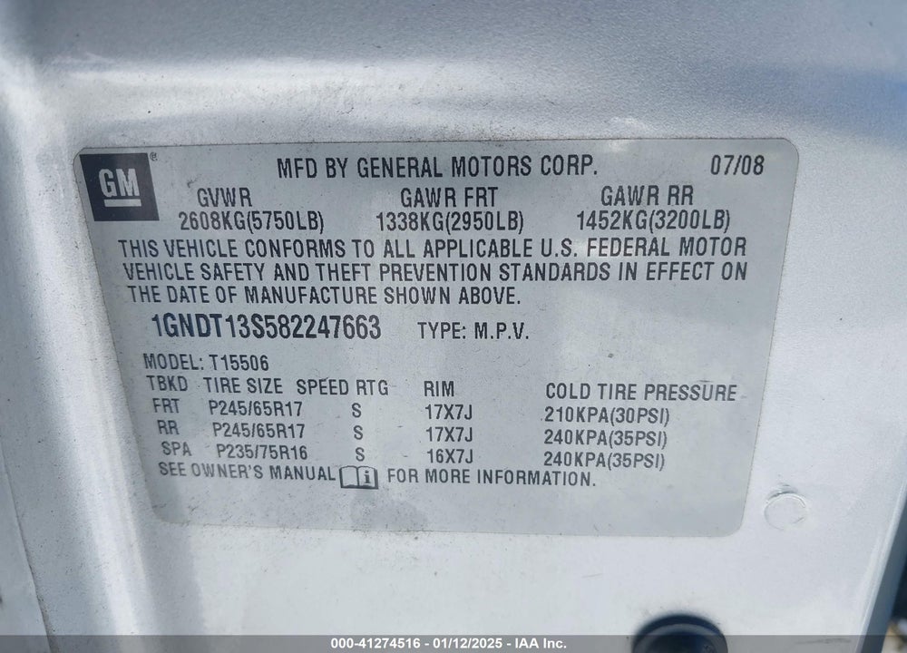2008 CHEVROLET TRAILBLAZER LT VIN: 1GNDT13S582247663