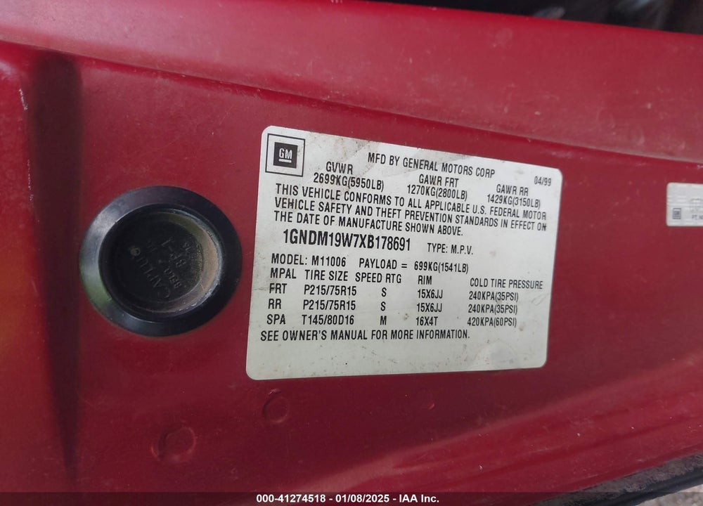 1999 CHEVROLET ASTRO VIN: 1GNDM19W7XB178691