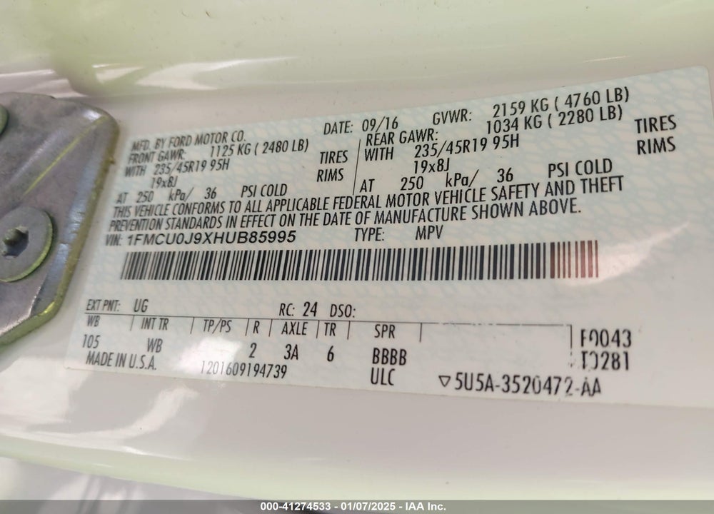 2017 FORD ESCAPE TITANIUM VIN: 1FMCU0J9XHUB85995