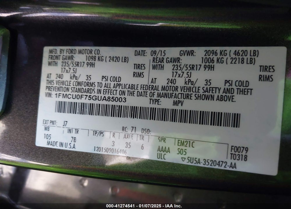 2016 FORD ESCAPE S VIN: 1FMCU0F75GUA85003