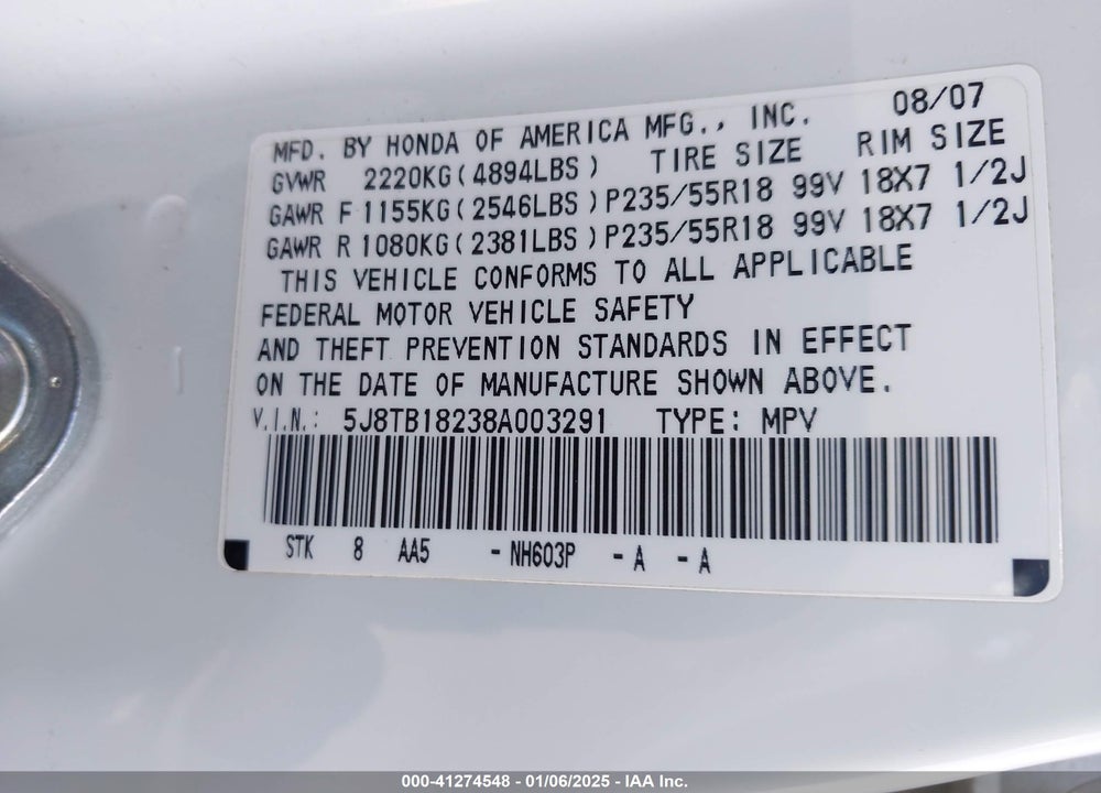 2008 ACURA RDX VIN: 5J8TB18238A003291