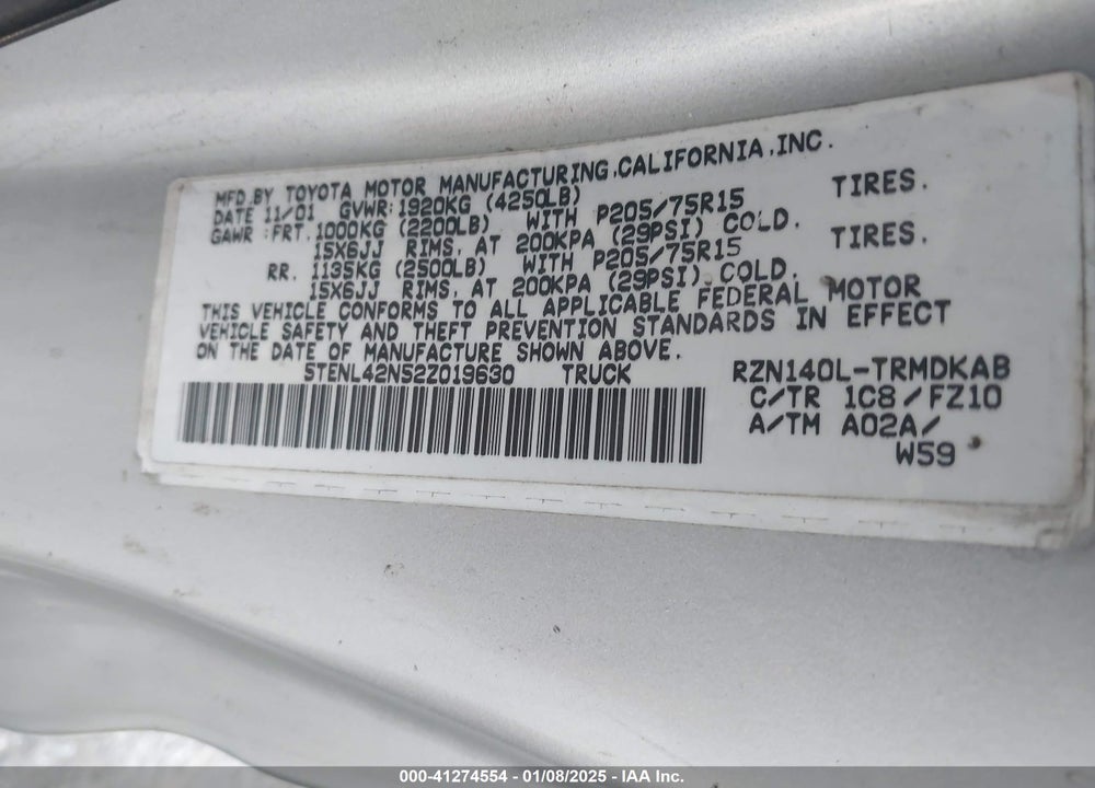 2002 TOYOTA TACOMA VIN: 5TENL42N52Z019630