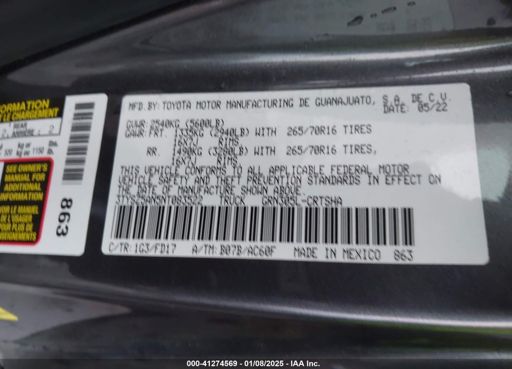 2022 TOYOTA TACOMA VIN: 3TYSZ5AN5NT083522