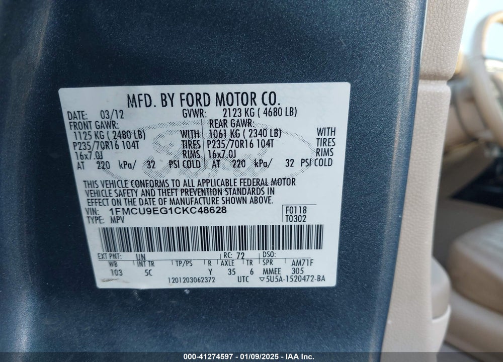 2012 FORD ESCAPE LIMITED VIN: 1FMCU9EG1CKC48628