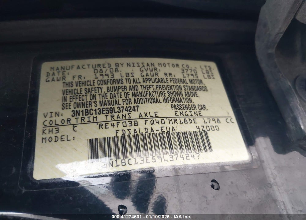 2009 NISSAN VERSA VIN: 3N1BC13E59L374247