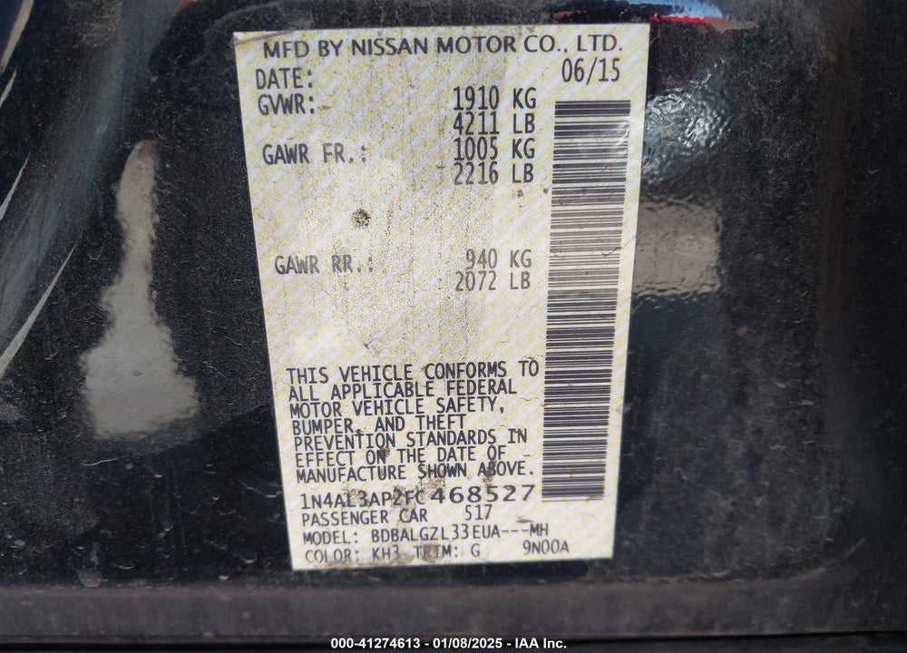 2015 NISSAN ALTIMA 2.5 S VIN: 1N4AL3AP2FC468527