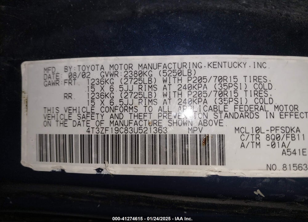 2003 TOYOTA SIENNA CE VIN: 4T3ZF19C83U521363