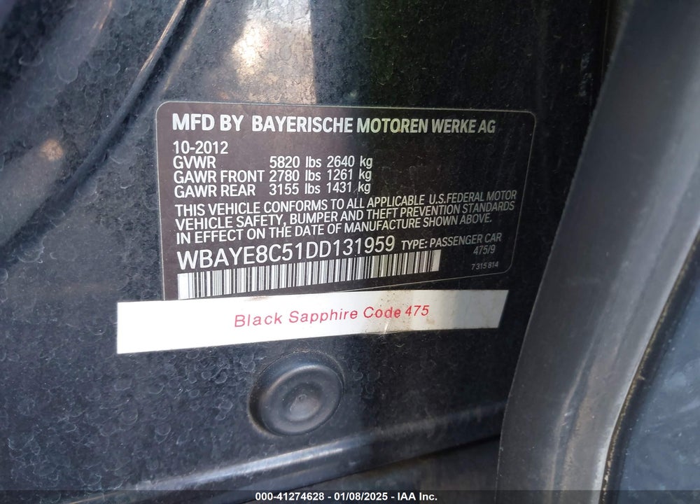 2013 BMW 750LI VIN: WBAYE8C51DD131959