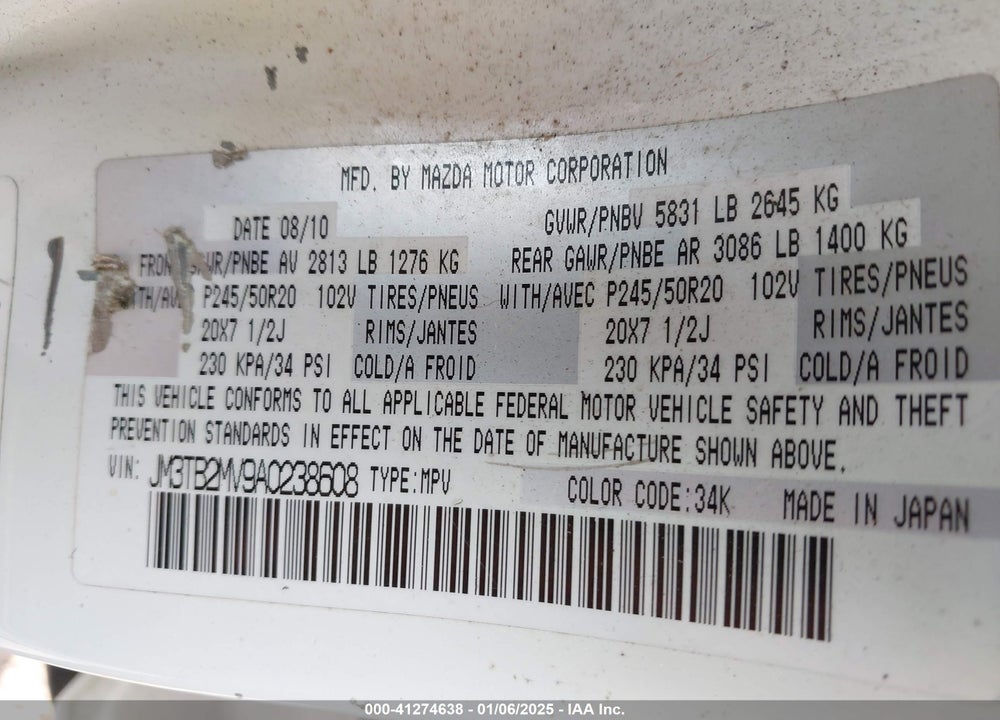 2010 MAZDA CX-9 GRAND TOURING VIN: JM3TB2MV9A0238608