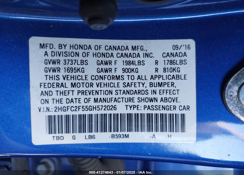 2016 HONDA CIVIC VIN: 2HGFC2F55GH572026