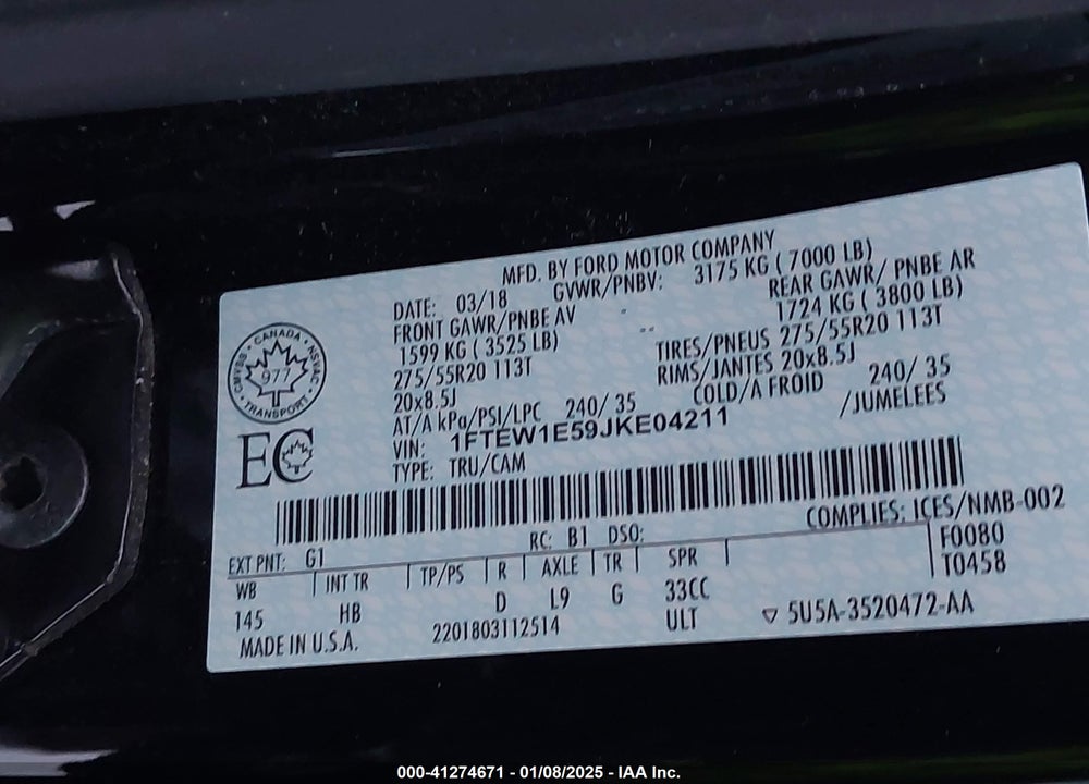 2018 FORD F150 VIN: 1FTEW1E59JKE04211