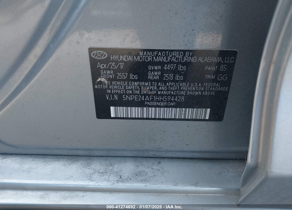 2017 HYUNDAI SONATA VIN: 5NPE24AF1HH594428