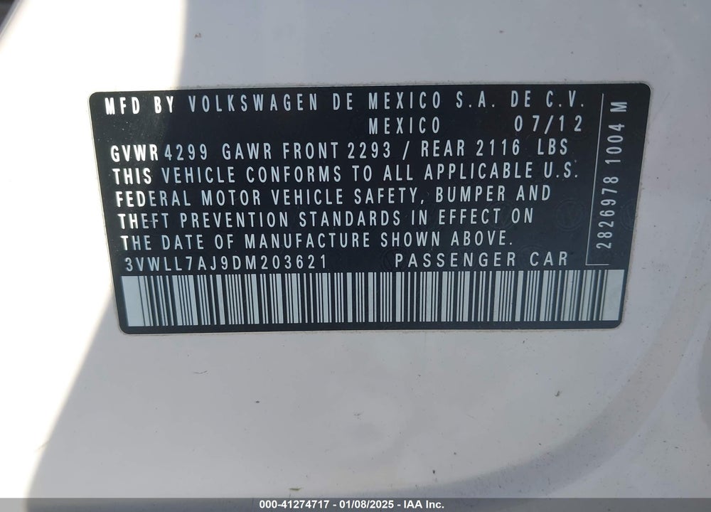 2013 VOLKSWAGEN JETTA VIN: 3VWLL7AJ9DM203621