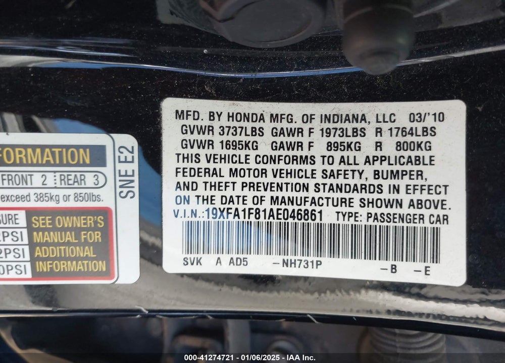 2010 HONDA CIVIC EX VIN: 19XFA1F81AE046861