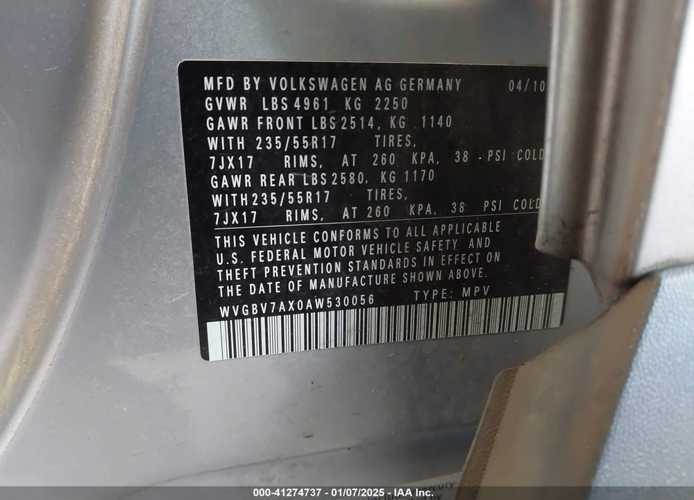 2010 VOLKSWAGEN TIGUAN WOLFSBURG EDITION VIN: WVGBV7AX0AW530056