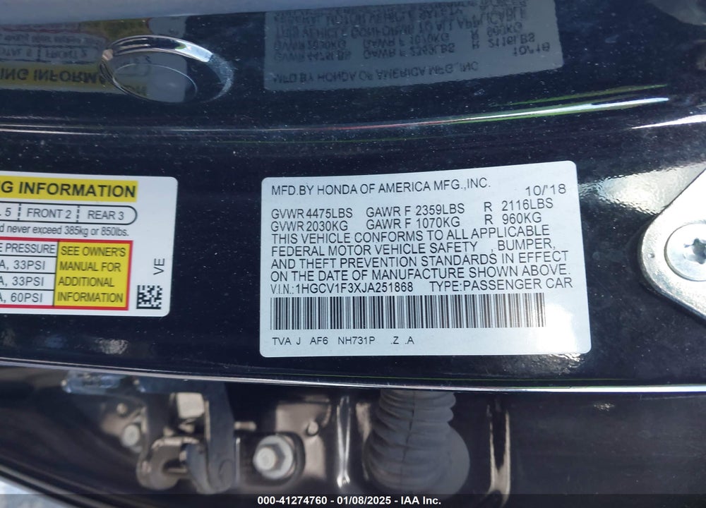 2018 HONDA ACCORD VIN: 1HGCV1F3XJA251868