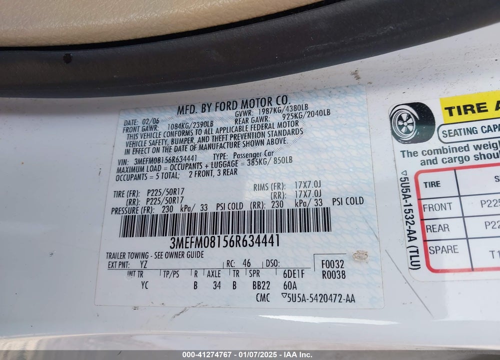 2006 MERCURY MILAN V6 PREMIER VIN: 3MEFM08156R634441