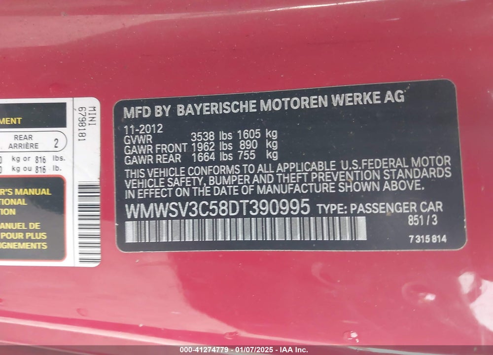 2013 MINI HARDTOP COOPER S VIN: WMWSV3C58DT390995