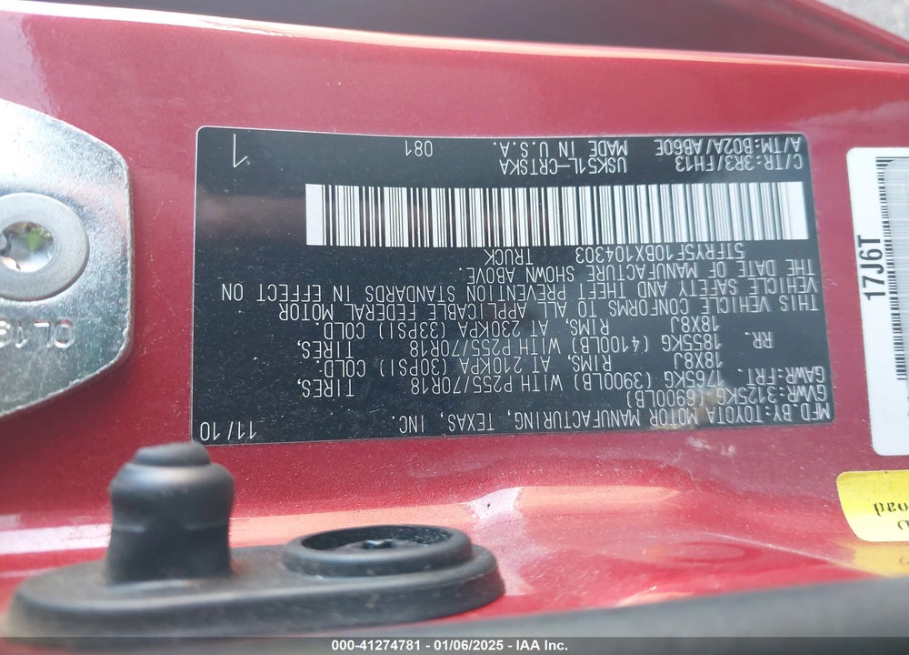 2011 TOYOTA TUNDRA GRADE 5.7L V8 VIN: 5TFRY5F10BX104303