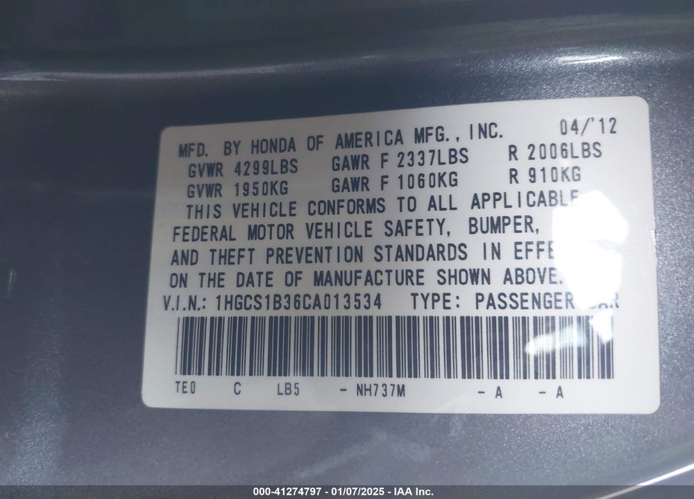 2012 HONDA ACCORD VIN: 1HGCS1B36CA013534