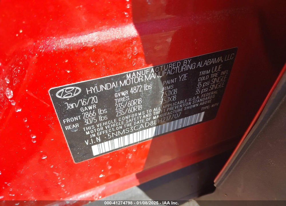 2020 HYUNDAI SANTA FE SEL VIN: 5NMS3CAD8LH217707
