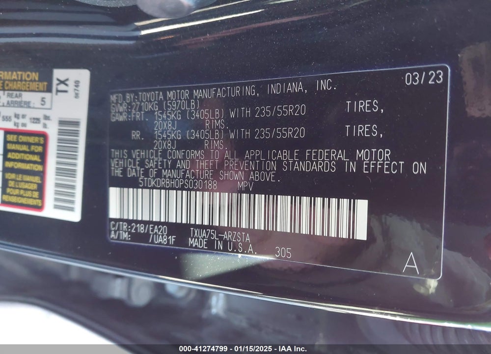 2023 TOYOTA HIGHLANDER VIN: 5TDKDRBH0PS030188