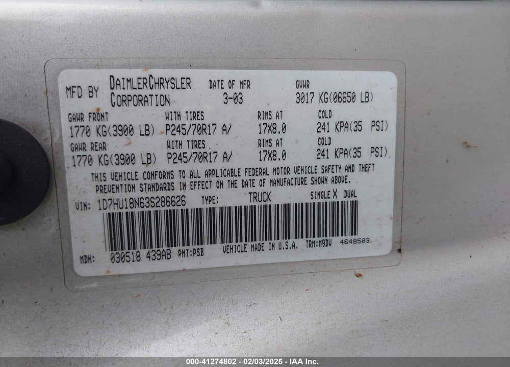 2003 DODGE RAM 1500 SLT/LARAMIE/ST VIN: 1D7HU18N63S286626