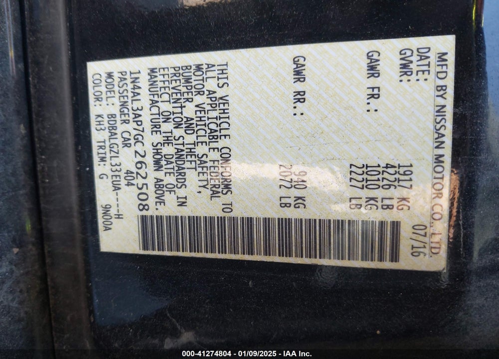 2016 NISSAN ALTIMA VIN: 1N4AL3AP7GC262508
