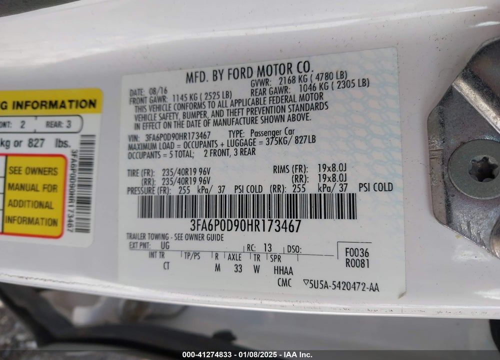 2017 FORD FUSION VIN: 3FA6P0D90HR173467