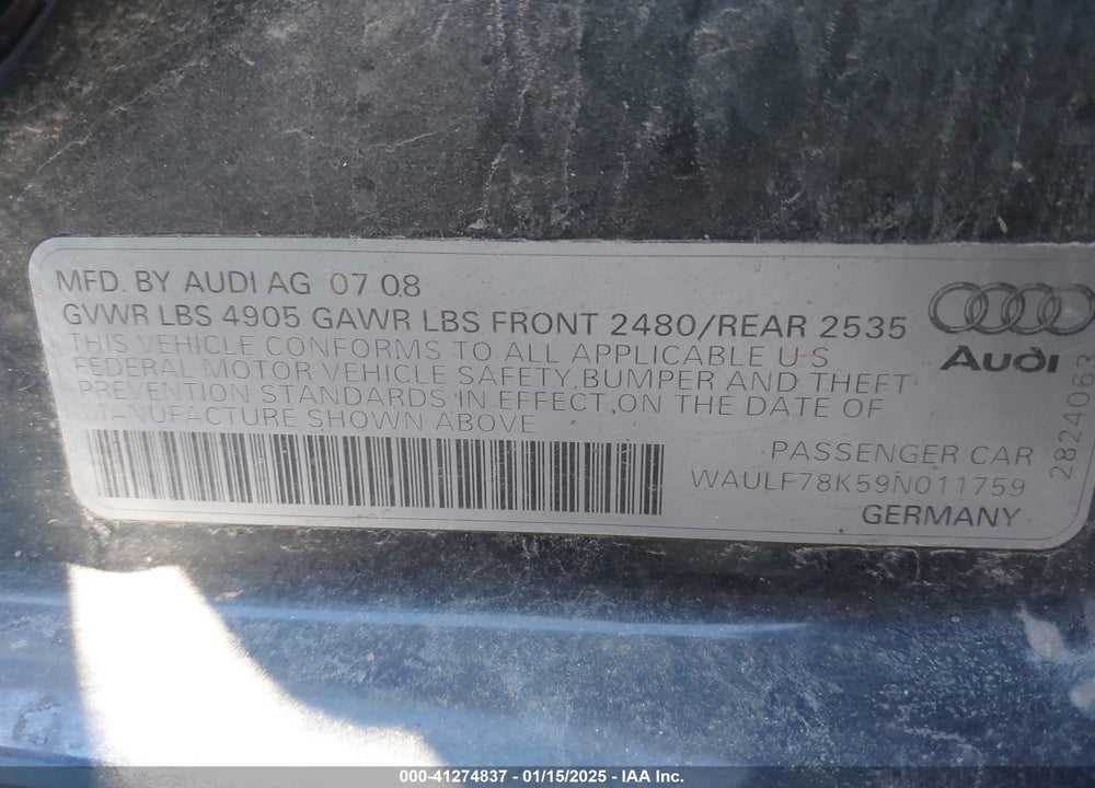 2009 AUDI A4 2.0T PREMIUM VIN: WAULF78K59N011759