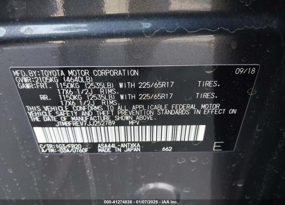 2018 TOYOTA RAV4 LE VIN: JTMBFREV7JJ252789