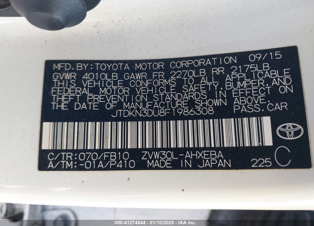 2015 TOYOTA PRIUS TWO VIN: JTDKN3DU8F1986308