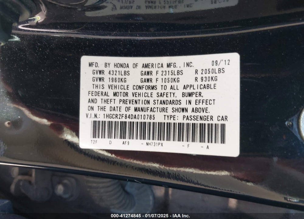 2013 HONDA ACCORD VIN: 1HGCR2F84DA010785