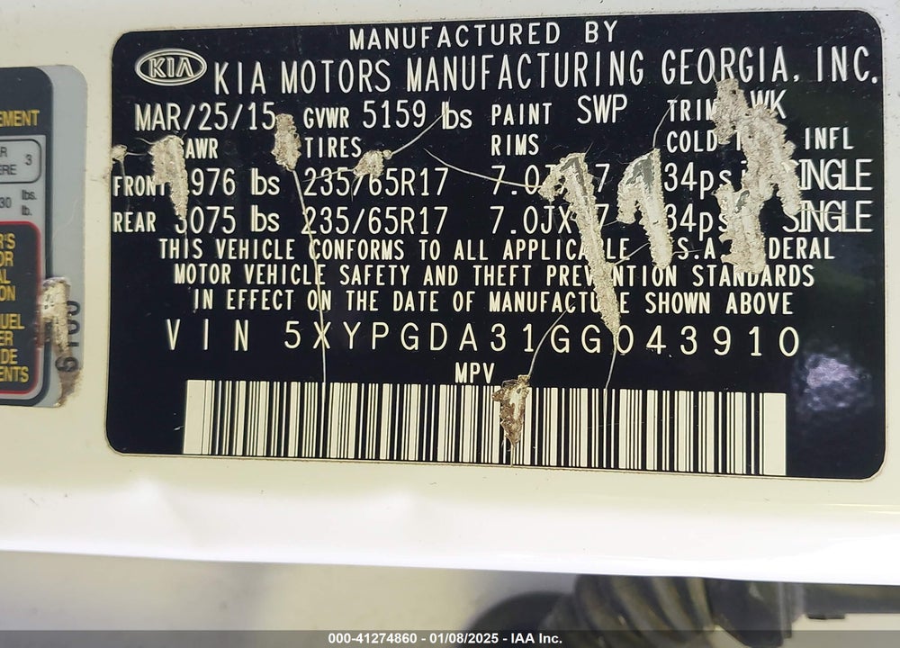 2016 KIA SORENTO 2.4L LX VIN: 5XYPGDA31GG043910