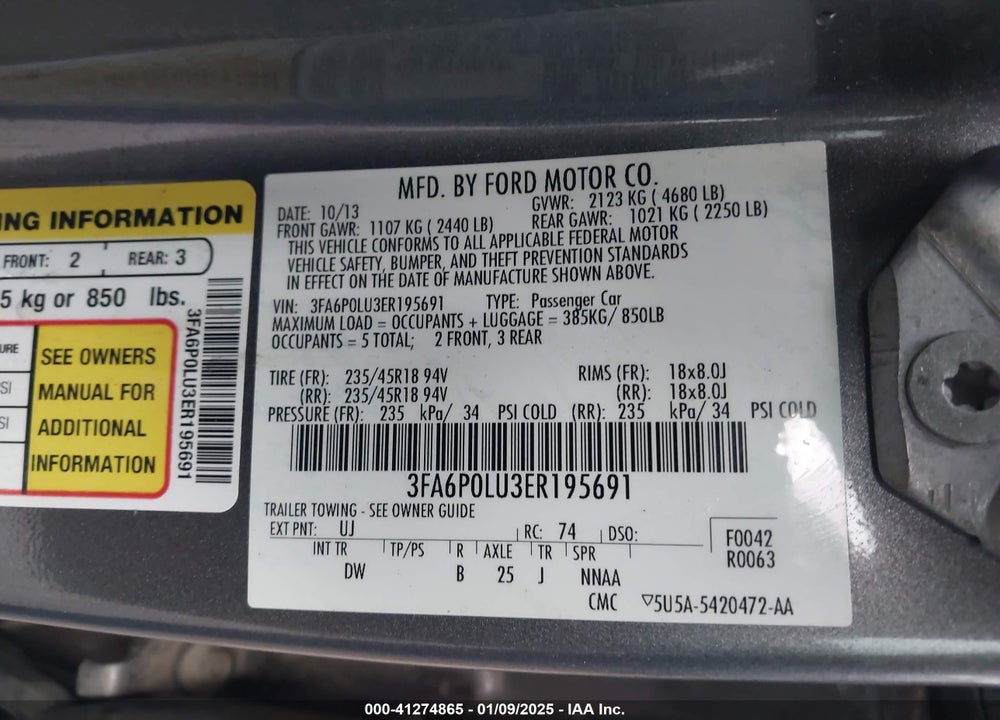 2014 FORD FUSION VIN: 3FA6P0LU3ER195691