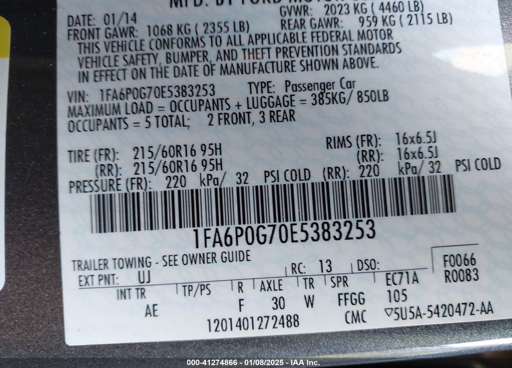 2014 FORD FUSION VIN: 1FA6P0G70E5383253