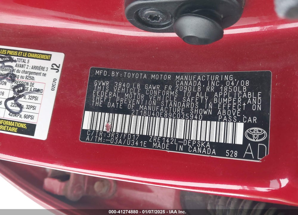 2009 TOYOTA COROLLA VIN: 2T1BU40E89C035940
