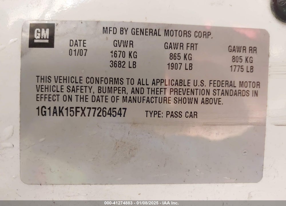 2007 CHEVROLET COBALT VIN: 1G1AK15FX77264547