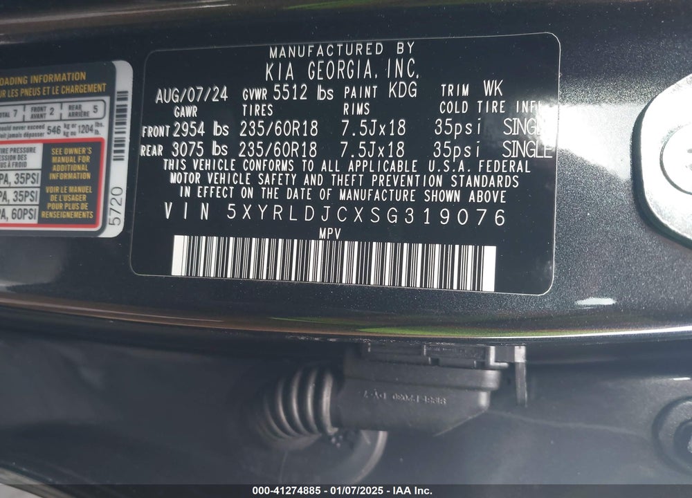 2025 KIA SORENTO S VIN: 5XYRLDJCXSG319076