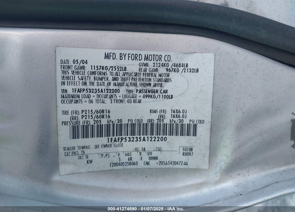 2005 FORD TAURUS SE VIN: 1FAFP53235A122200