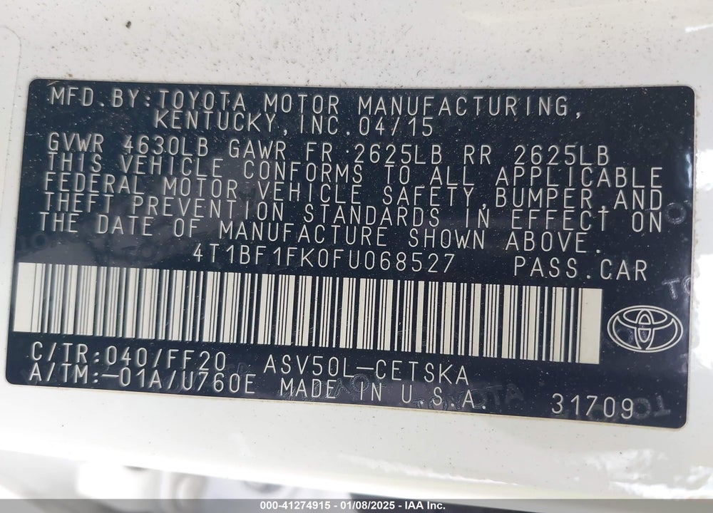 2015 TOYOTA CAMRY VIN: 4T1BF1FK0FU068527
