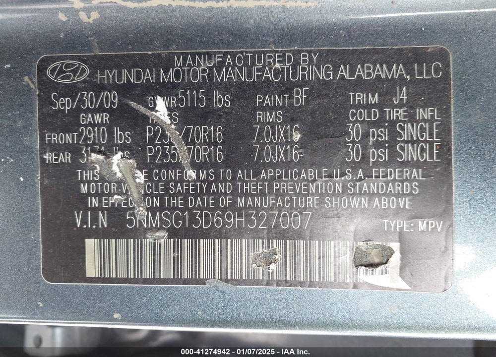 2009 HYUNDAI SANTA FE GLS VIN: 5NMSG13D69H327007