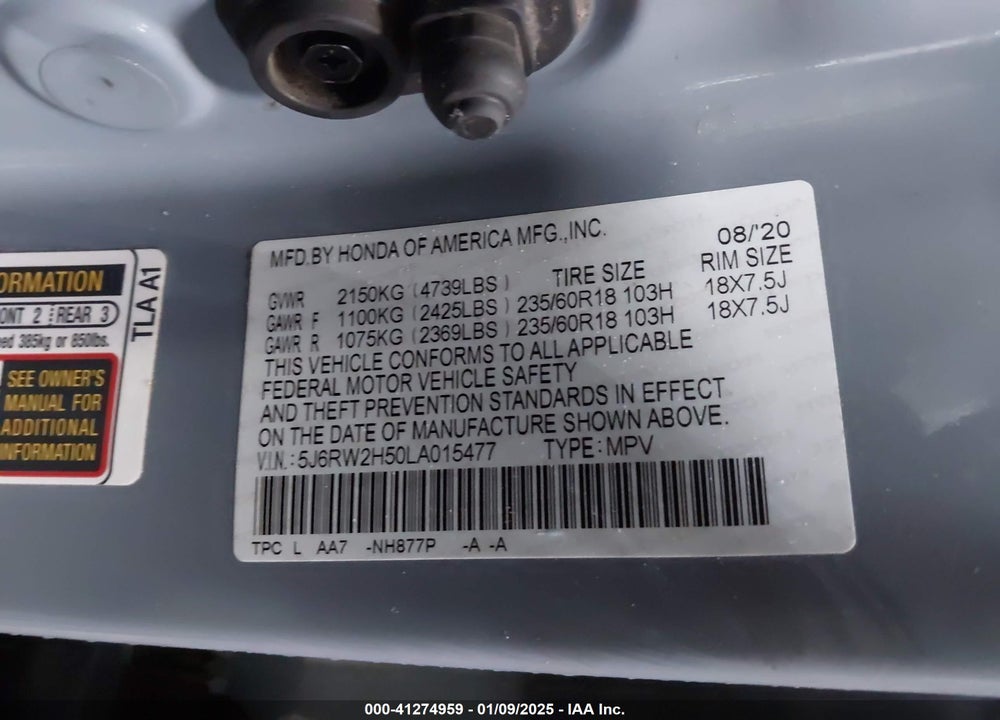 2020 HONDA CR-V AWD EX VIN: 5J6RW2H50LA015477