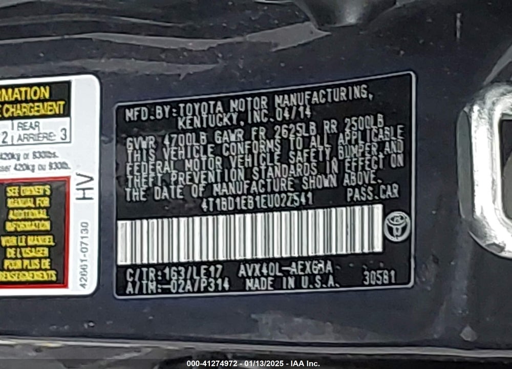 2014 TOYOTA AVALON HYBRID VIN: 4T1BD1EB1EU027541