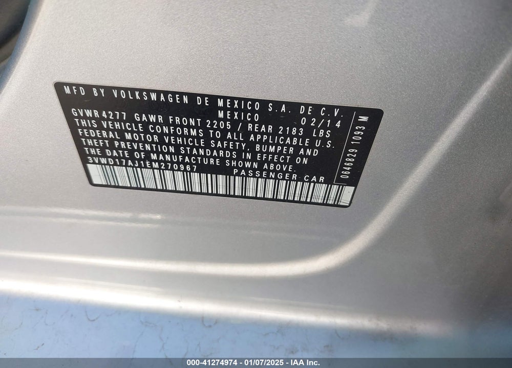 2014 VOLKSWAGEN JETTA VIN: 3VWD17AJ1EM270967