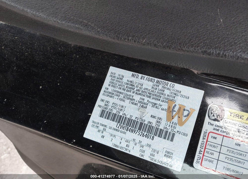 2007 FORD MUSTANG V6 DELUXE/V6 PREMIUM VIN: 1ZVHT84N975264018